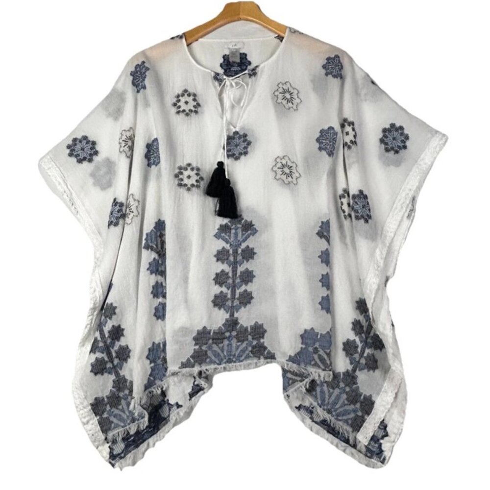 J Jill Swim Cover Poncho Top OS Embroidered Gauzy Tassel Fringe Vacation Cruise